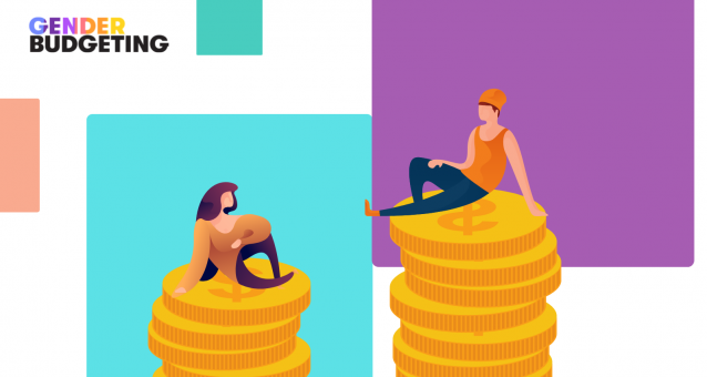 Illustration of a woman sitting on a small pile of coins and a man sitting on a taller pile of coins