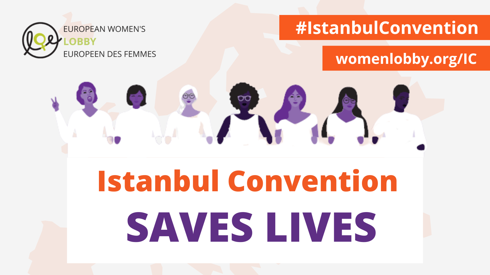 Illustration of women holding Istanbul Convention Saves Lives sign